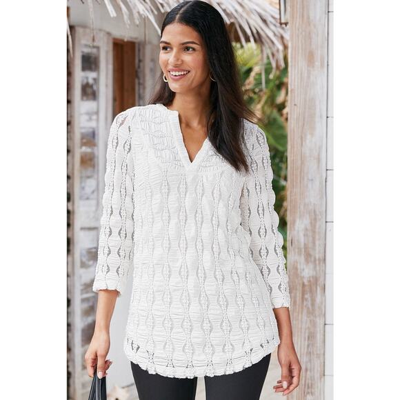 Soft Surroundings Womens Plus Sz 2X Priya Knit Lace Tunic White Beach Feminine - Picture 1 of 15